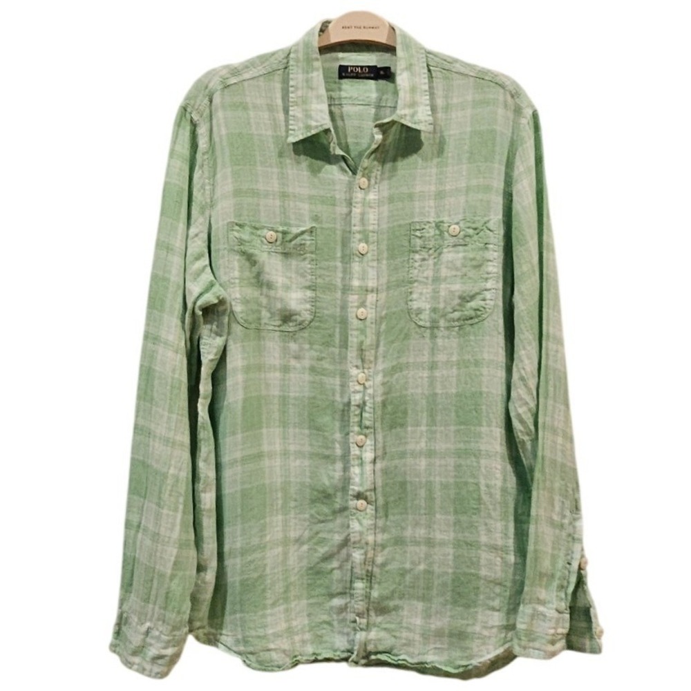 Polo Ralph Lauren XL Green White Plaid 100%‎ Linen Button Down Shirt Coastal y2k